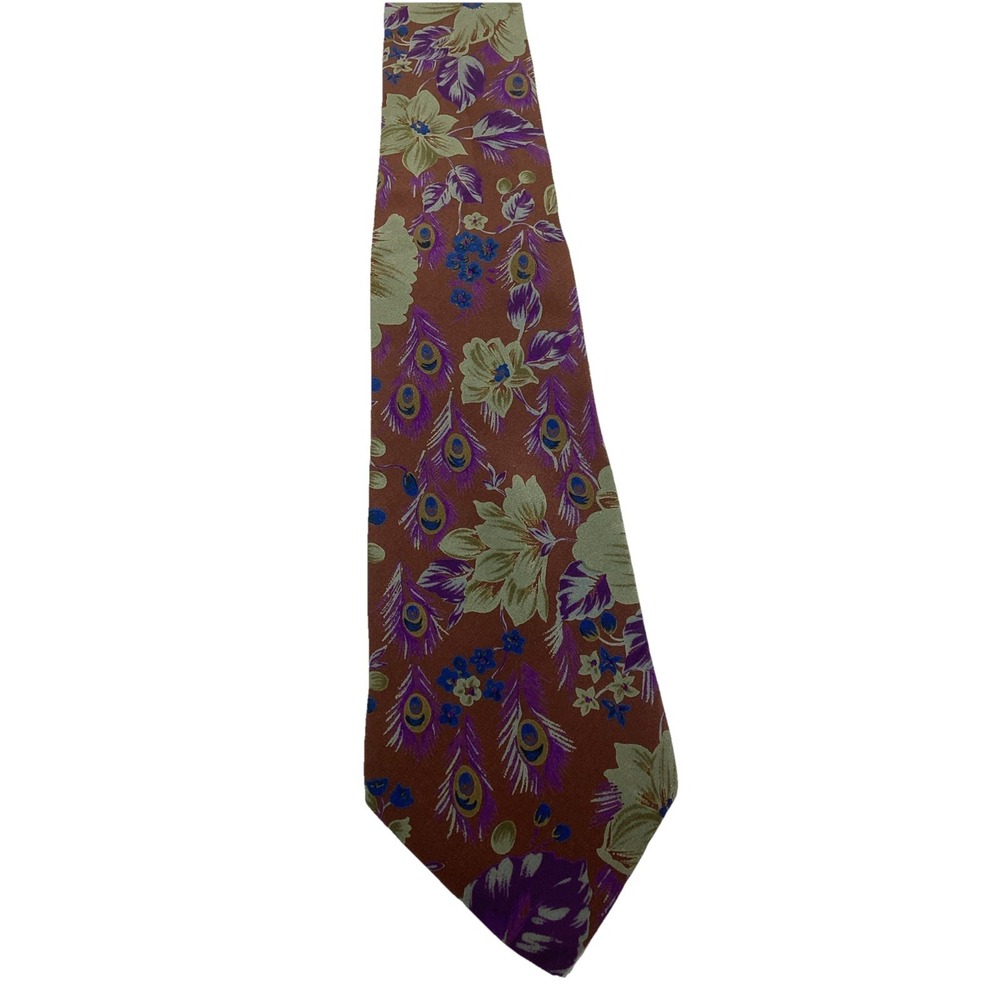Vtg Pierre Balmain Paris Tie Italian Silk Brown Tropical Floral Peacock Feathers